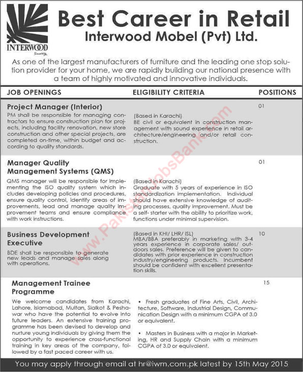 Interwood Mobel Pvt. Ltd Jobs 2015 May Management Trainees, Business Development Executives & Others