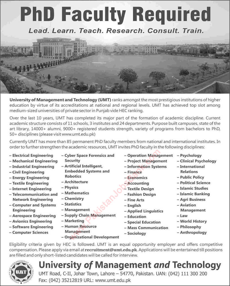 University of Management and Technology Lahore Jobs 2015 May PhD / Teaching Faculty UMT Latest