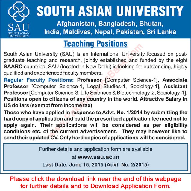 South Asian University New Delhi Jobs 2015 May Application Form Download for Teaching Faculty Latest