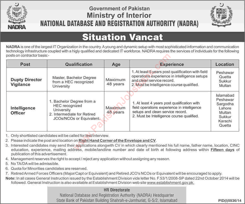 NADRA Jobs May 2015 Deputy Directors Vigilance & Intelligence Officers Latest