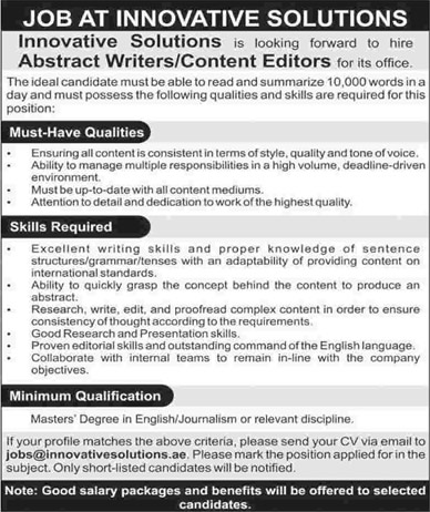 Innovative Solutions Karachi Jobs 2015 for Abstract Writers / Content Editors Latest