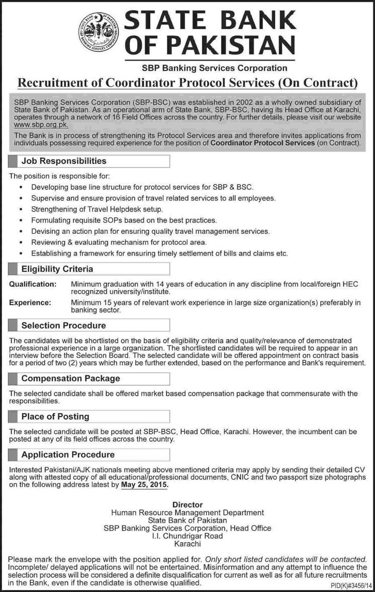 Protocol Services Coordinator Jobs in State Bank of Pakistan 2015 May Latest