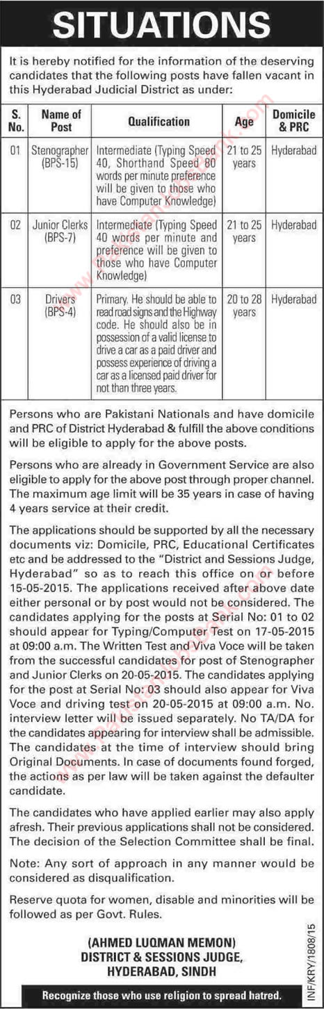 District & Session Court Hyderabad Jobs 2015 May Clerks , Stenographers & Drivers Latest