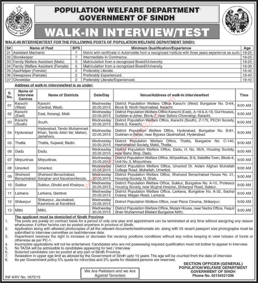 Population Welfare Department Sindh Jobs 2015 May Walk in Interview / Test Latest Advertisement