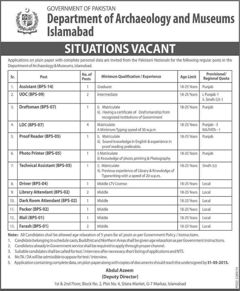 Department of Archaeology and Museums Islamabad Jobs 2015 May Clerks, Library Attendant, Farash & Others