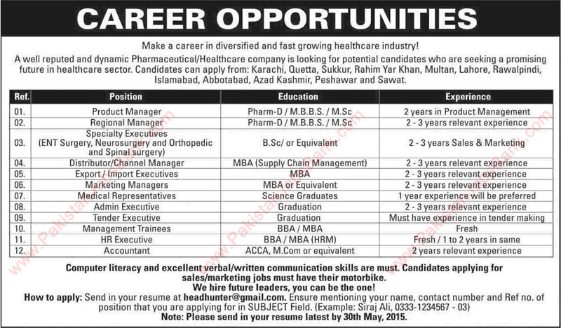 Pharmaceutical / Healthcare Jobs in Pakistan 2015 May Management Trainees, Pharmacists, Supply, Marketing & Admin Staff