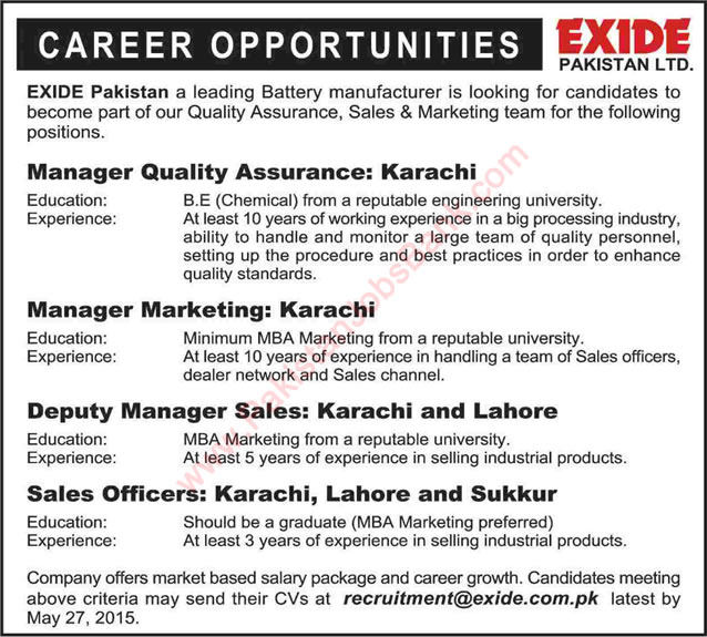 Exide Battery Pakistan Jobs 2015 May Marketing / Sales Manager / Officers & Chemical Engineer
