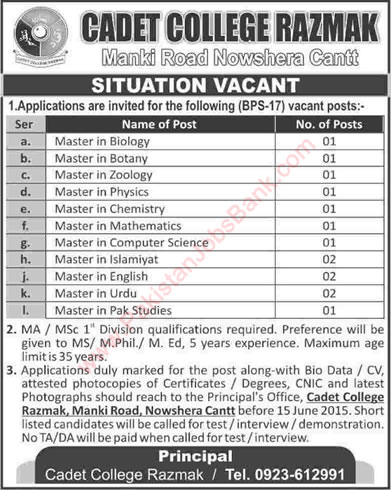 Lecturer / Masters Jobs in Cadet College Razmak KPK 2015 May Teaching Faculty Latest
