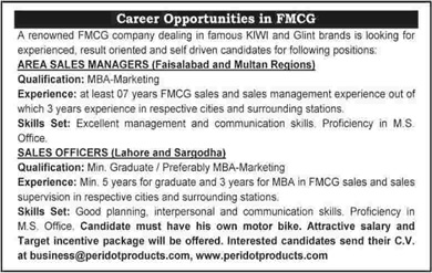 Jobs in Peridot Products (Pvt.) Ltd Pakistan 2015 Sales Managers / Officers for KIWI & Glint Brands