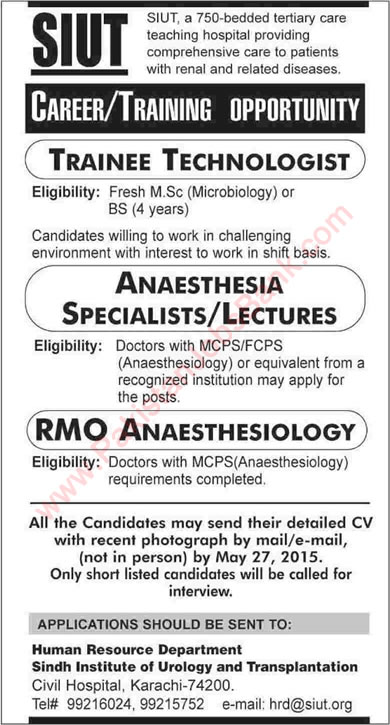 Trainee Technologist & Doctors Jobs in SIUT Karachi 2015 May Sindh Institute of Urology & Transplantation