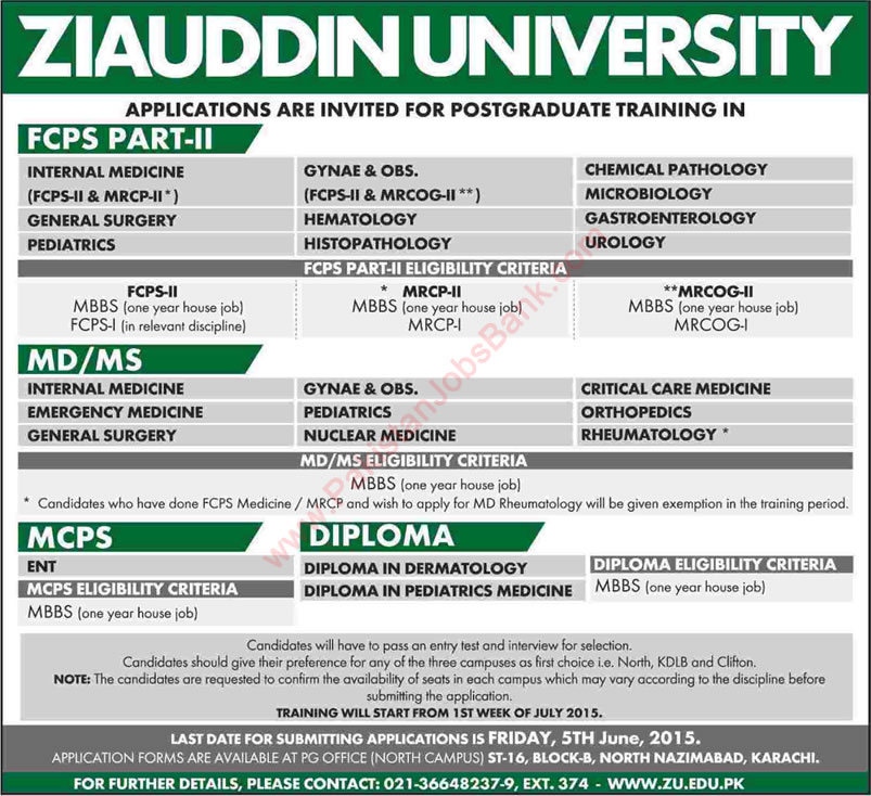 Postgraduate Training in Ziauddin University Karachi 2015 May Admissions Latest