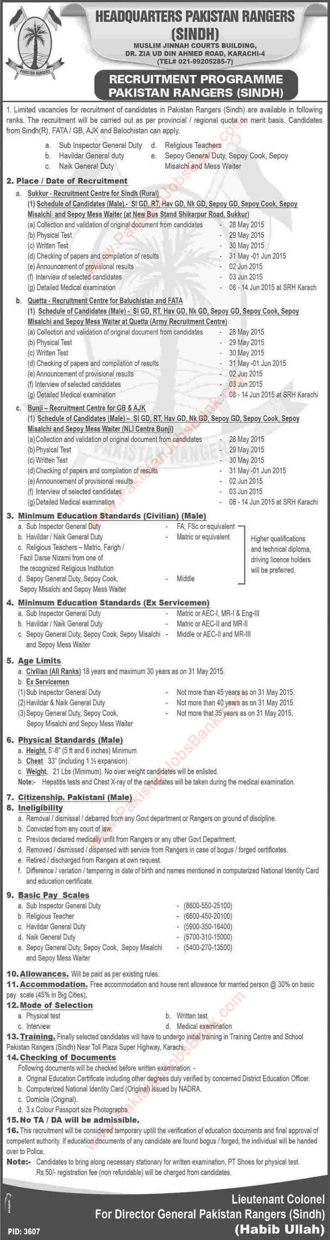 Pakistan Rangers Sindh Jobs 2015 May Sub Inspector, Havildar, General Duty, Religious Teachers & Others