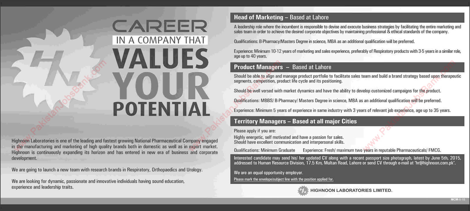 Marketing Careers in Highnoon Laboratories Limited 2015 May Sales Managers Latest