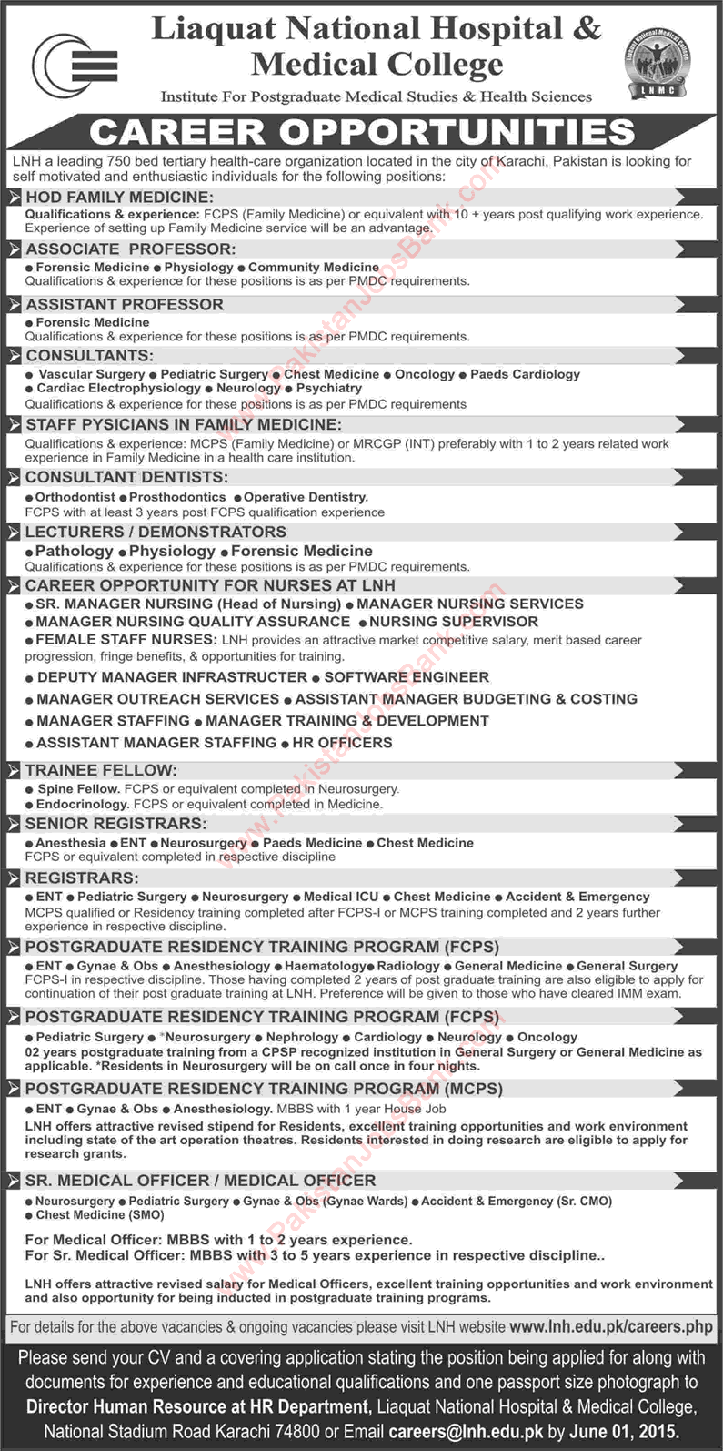 Career Opportunities in Liaquat National Hospital Karachi 2015 May Teaching Faculty & Medical Staff