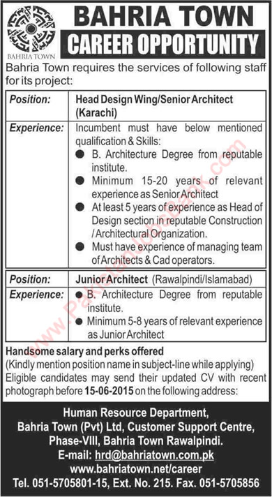 Architect Jobs in Bahria Town 2015 May in Karachi, Rawalpindi & Islamabad Latest