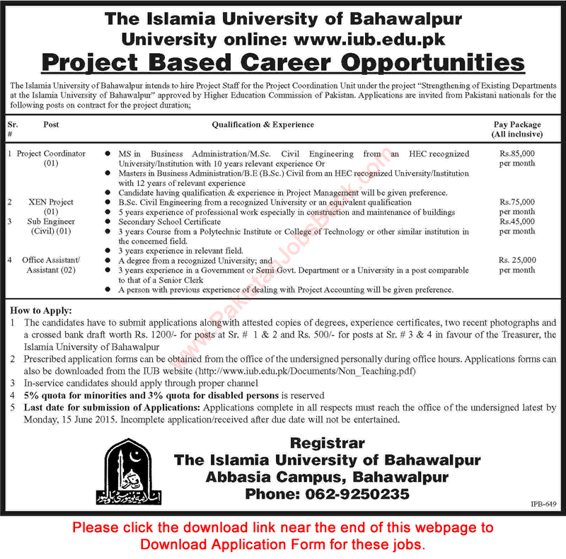 Civil Engineers & Office Assistant Jobs in Islamia University of Bahawalpur 2015 May Application Form