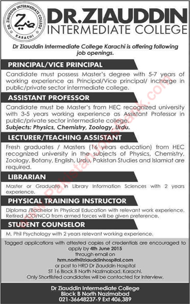 Dr Ziauddin Intermediate College Karachi Jobs 2015 May Teaching Faculty, Librarian & Others