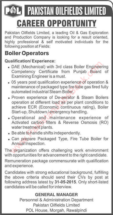 Boiler Operator Jobs in Pakistan Oilfields Limited 2015 May POL Latest
