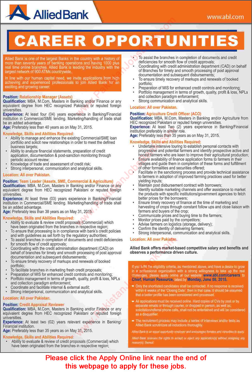 Career Opportunities in Allied Bank Pakistan 2015 June ABL Apply Online Managers & Officers