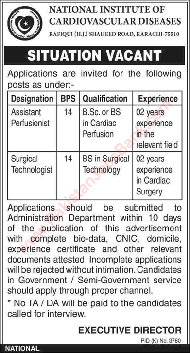 National Institute of Cardiovascular Diseases Karachi Vacancies 2015 June Surgical Technologist & Perfusionist