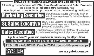 Sales & Marketing Executives Jobs in Karachi 2015 June in SYSTEK UPS Company Latest