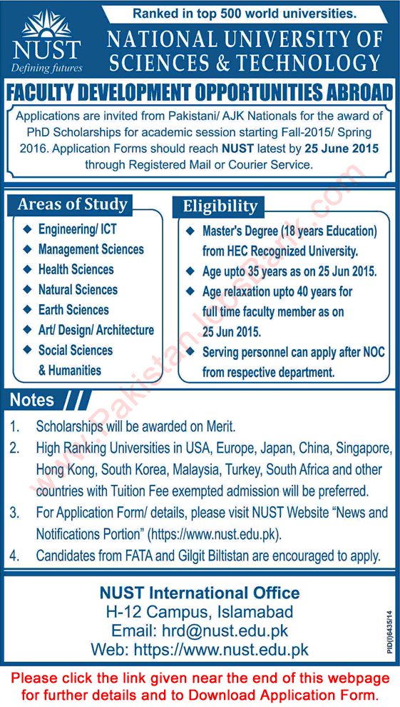 NUST Faculty Development Program 2015 Application Form PhD Scholarships Opportunities in Abroad