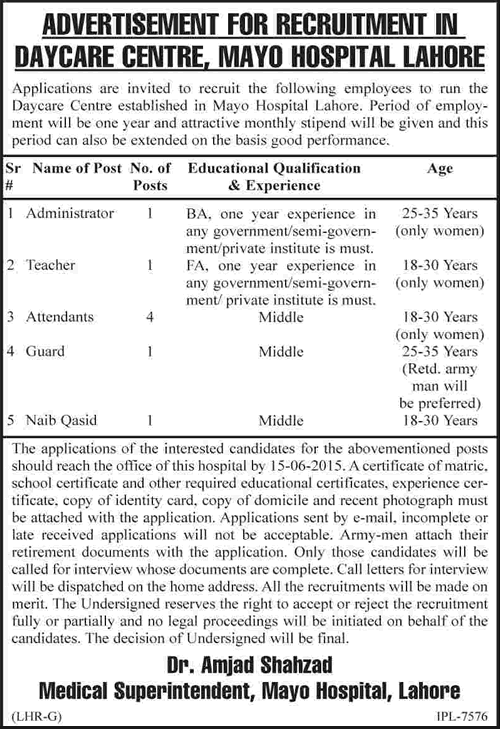 Mayo Hospital Lahore Jobs 2015 June Daycare Center Administrator, Teacher, Attendants, Guard & Naib Qasid