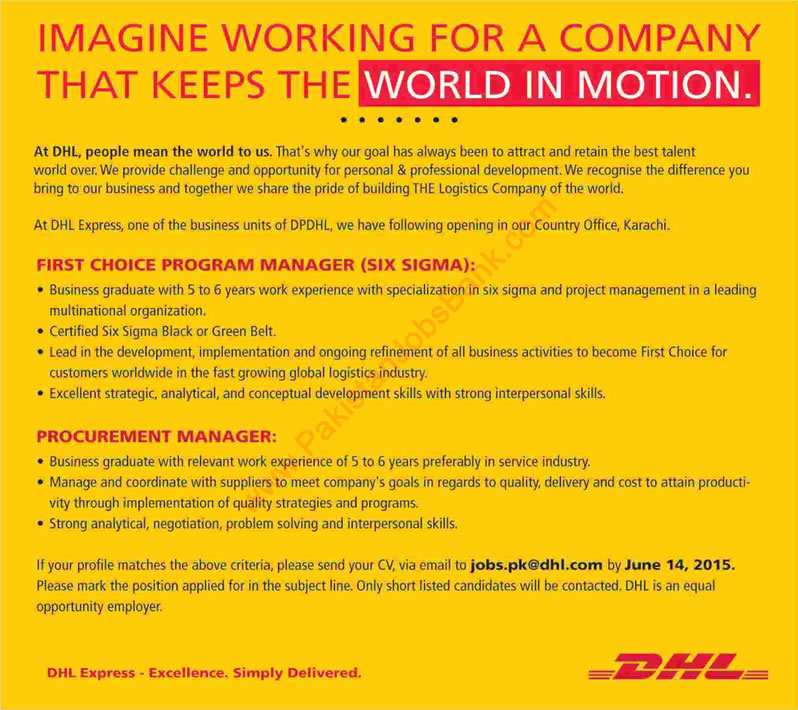 Program / Procurement Manager Jobs in DHL Karachi 2015 June Latest Advertisement