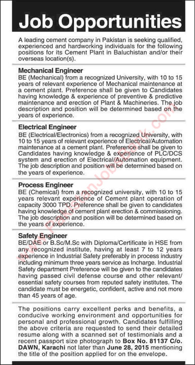 Cement Industry Jobs in Pakistan 2015 June Engineers Mechanical / Electrical / Chemical / Safety Latest