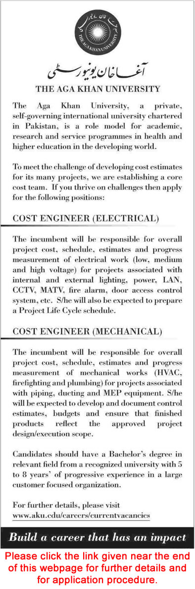 Electrical / Mechanical Cost Engineers Jobs in Aga Khan University 2015 June Latest