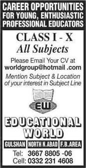 Teaching Jobs in Karachi 2015 June at Educational World School Latest