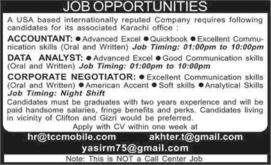 Accountant, Data Analyst, Corporate Negotiator Jobs in Karachi 2015 June Latest