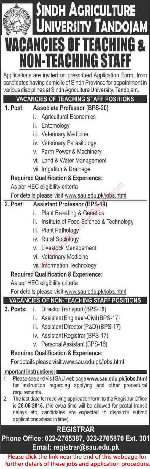 Sindh Agriculture University Tandojam Jobs 2015 June Teaching Faculty & Admin Staff