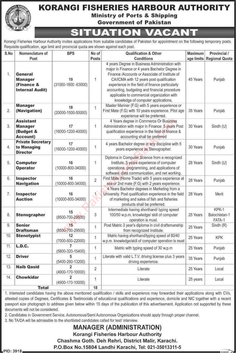 Korangi Fisheries Harbour Authority Jobs 2015 June Accounting, Admin & Support Staff