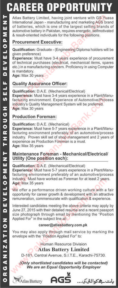 Atlas Battery Karachi Jobs 2015 June Electrical / Mechanical Engineers & Procurement Executive