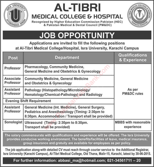 Al-Tibri Medical College Karachi Jobs 2015 June Isra University Teaching Faculty & Sonologist