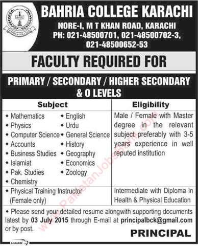 Bahria College Karachi Jobs 2015 June for Teaching Faculty Latest Advertisement