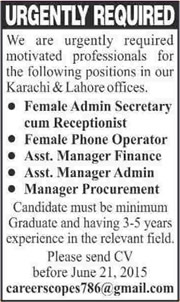 Managers, Telephone Operator & Secretary Jobs in Karachi / Lahore 2015 June Latest