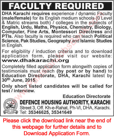 Teaching Jobs in DHA Karachi 2015 June for Schools & Colleges Application Form Download Latest