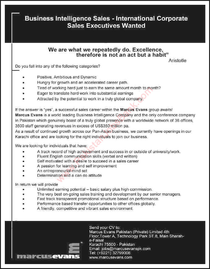 Marcus Evans Karachi Jobs 2015 June for Sales Executives