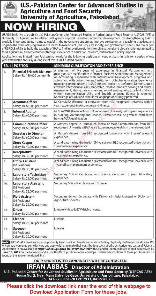 University of Agriculture Faisalabad Jobs 2015 June USPCAS-AFS Application Form Download Latest