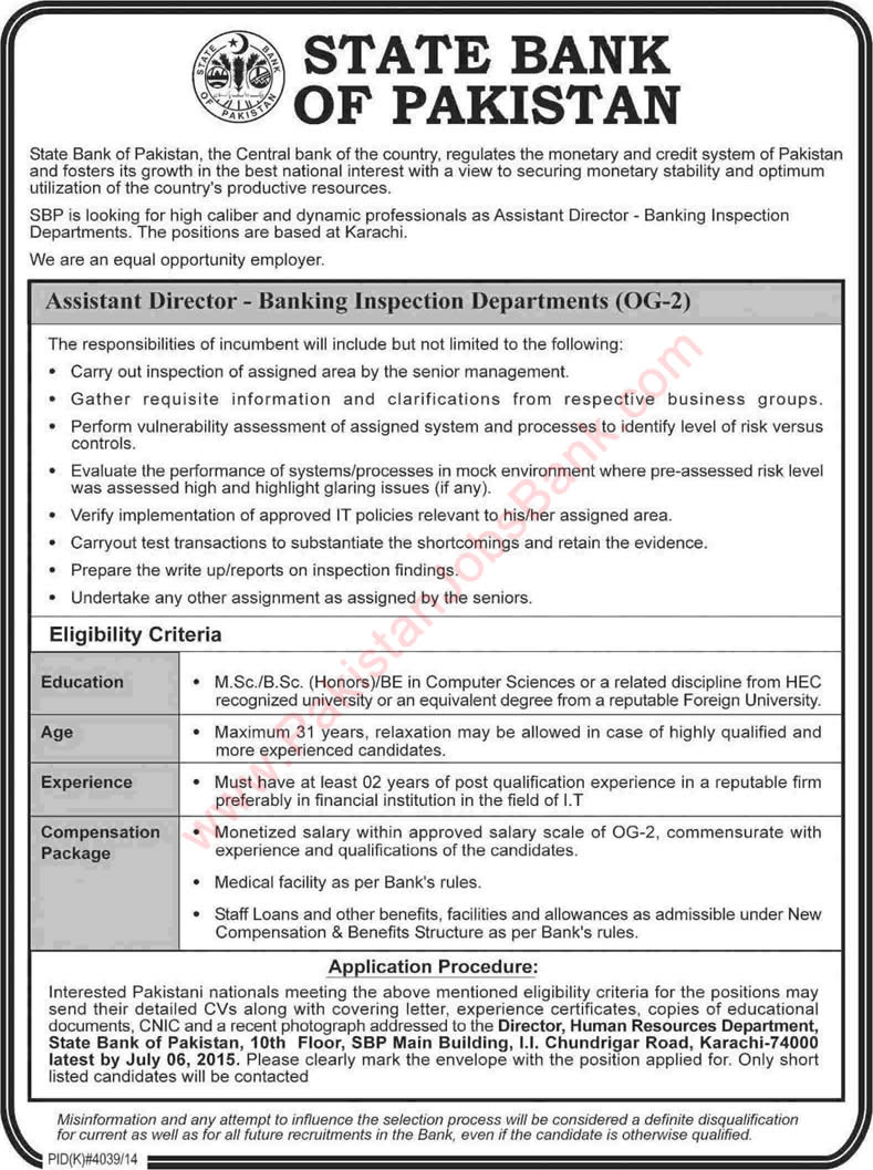 State Bank of Pakistan Jobs June 2015 Assistant Director - Banking Inspection Departments