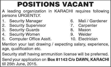 Jobs in Karachi June 2015 Security Staff, Office Assistant, Mali, Carpenter, Mason, Welder & Electrician