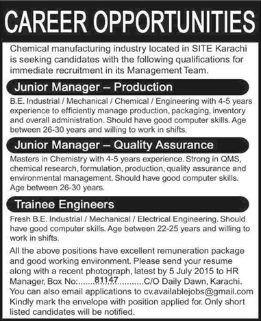 Production / Quality Assurance Managers & Trainee Engineer Jobs in Karachi 2015 June Chemical Industry