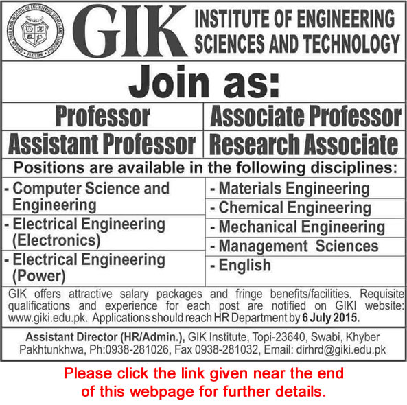 GIK Institute Swabi KPK Jobs 2015 June for Teaching Faculty / Professors / Research Associates Latest