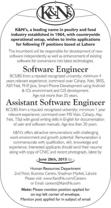 Software Engineering Jobs in K&N's Pakistan 2015 June Latest Advertisement