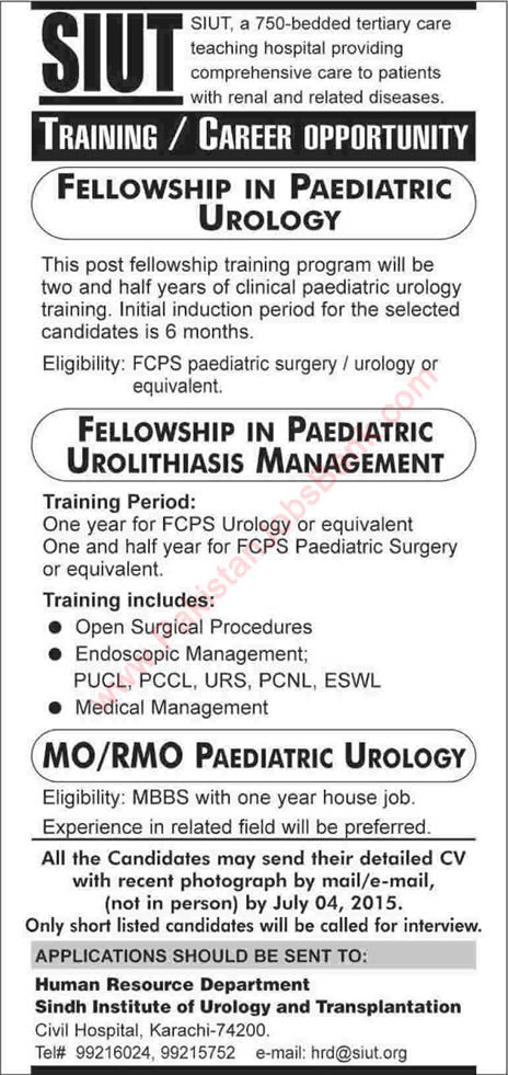 SIUT Karachi Jobs 2015 June / July Medical Officers Training at Sindh Institute of Urology and Transplantation