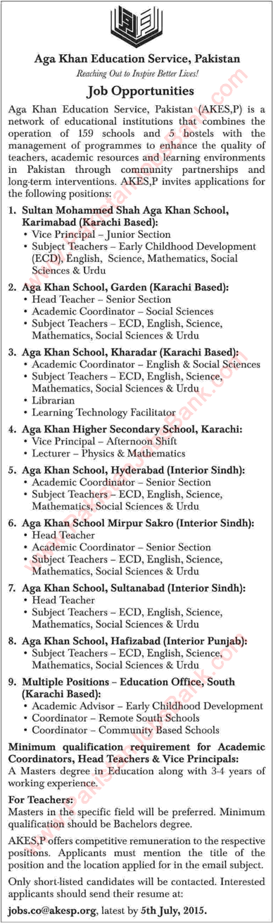 Aga Khan Education Service Pakistan Jobs 2015 June / July Teaching Faculty, Coordinators & Vice Principal
