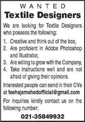 Textile Designer Jobs in Karachi 2015 June / July for Feeha Jamshed Fashion Brand