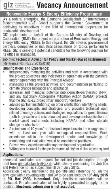 GIZ Pakistan Jobs 2015 June / July Technical Advisor for Renewable Energy & Energy Efficiency Program